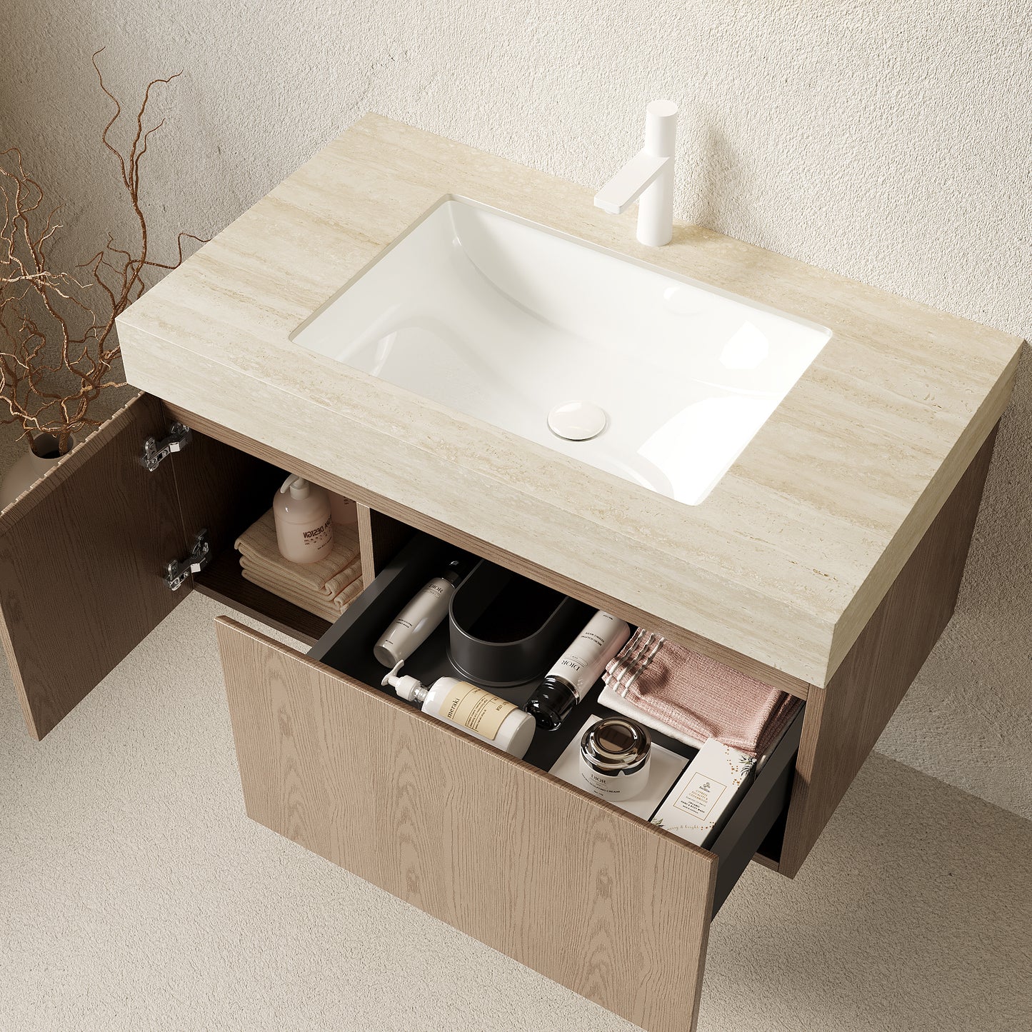 35.83 in. Single Sink Floating Light Brown Bath Vanity with Roma Travertine  Sintered Stone Top