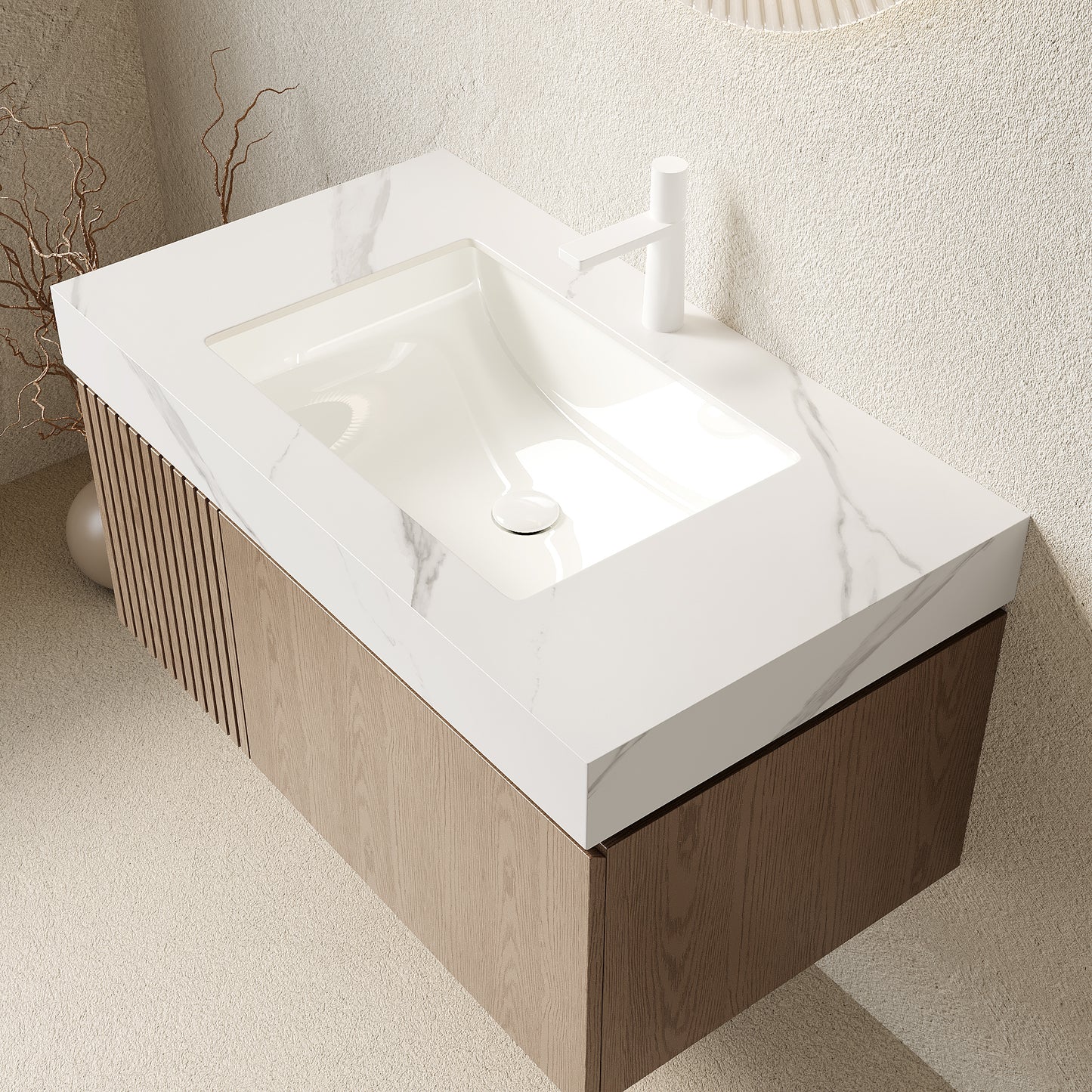 35.83 in. Single Sink Floating Light Brown Bath Vanity with Carrara White Sintered Stone Top