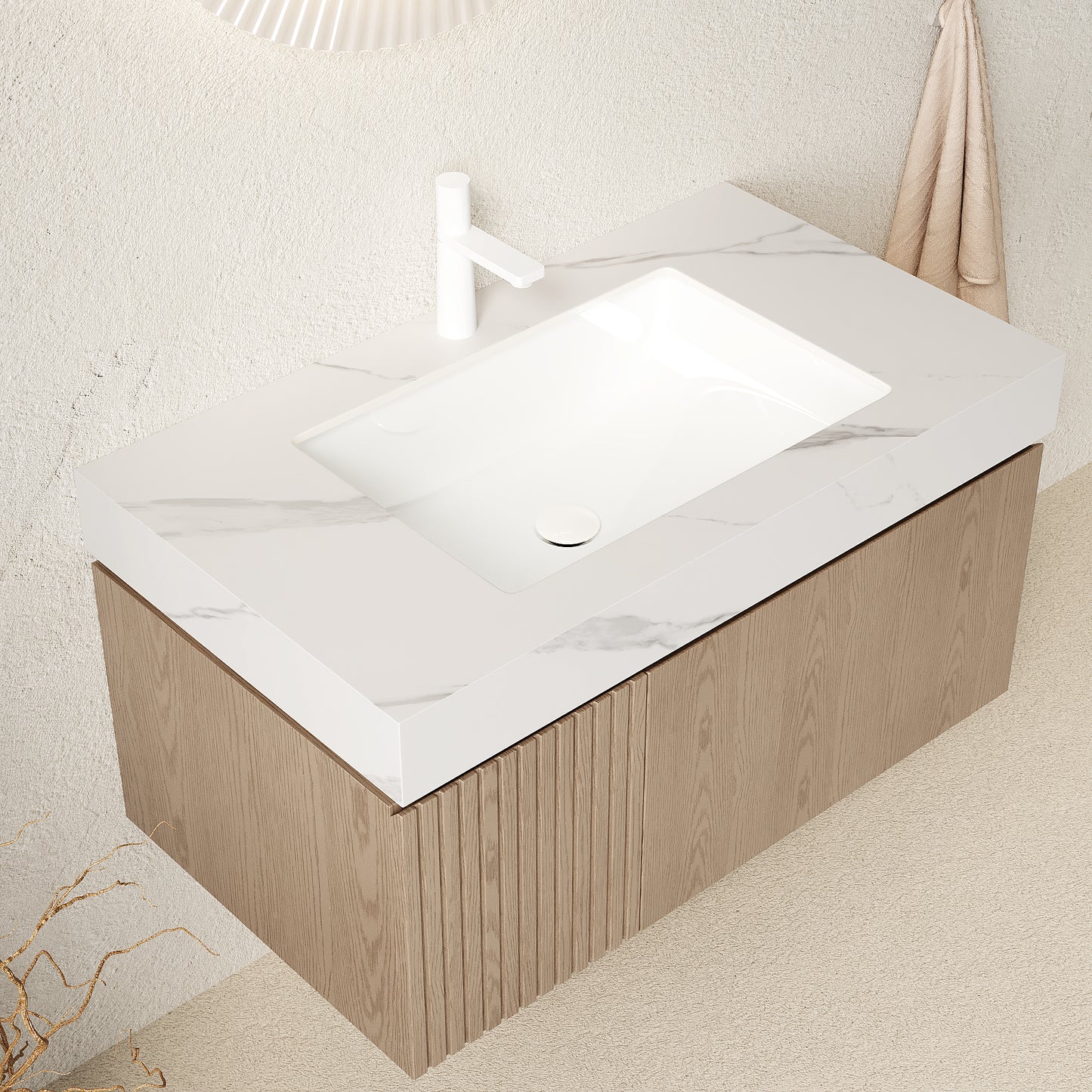 35.83 in. Single Sink Floating Light Brown Bath Vanity with Carrara White Sintered Stone Top