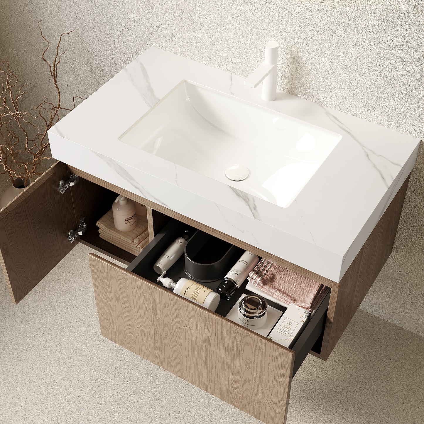 35.83 in. Single Sink Floating Light Brown Bath Vanity with Carrara White Sintered Stone Top