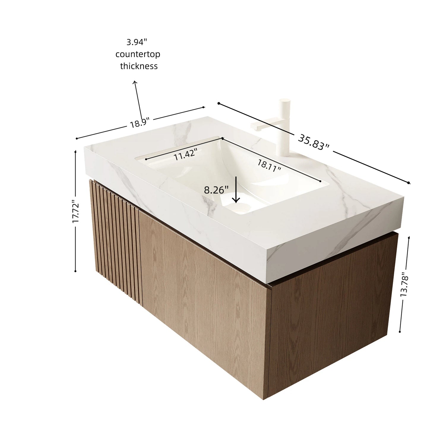 35.83 in. Single Sink Floating Light Brown Bath Vanity with Carrara White Sintered Stone Top