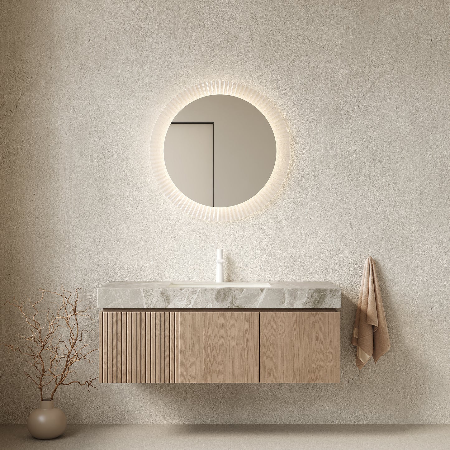 47.64 in. Single Sink Floating Light Brown Bath Vanity with Italy Light Gray Sintered Stone Top