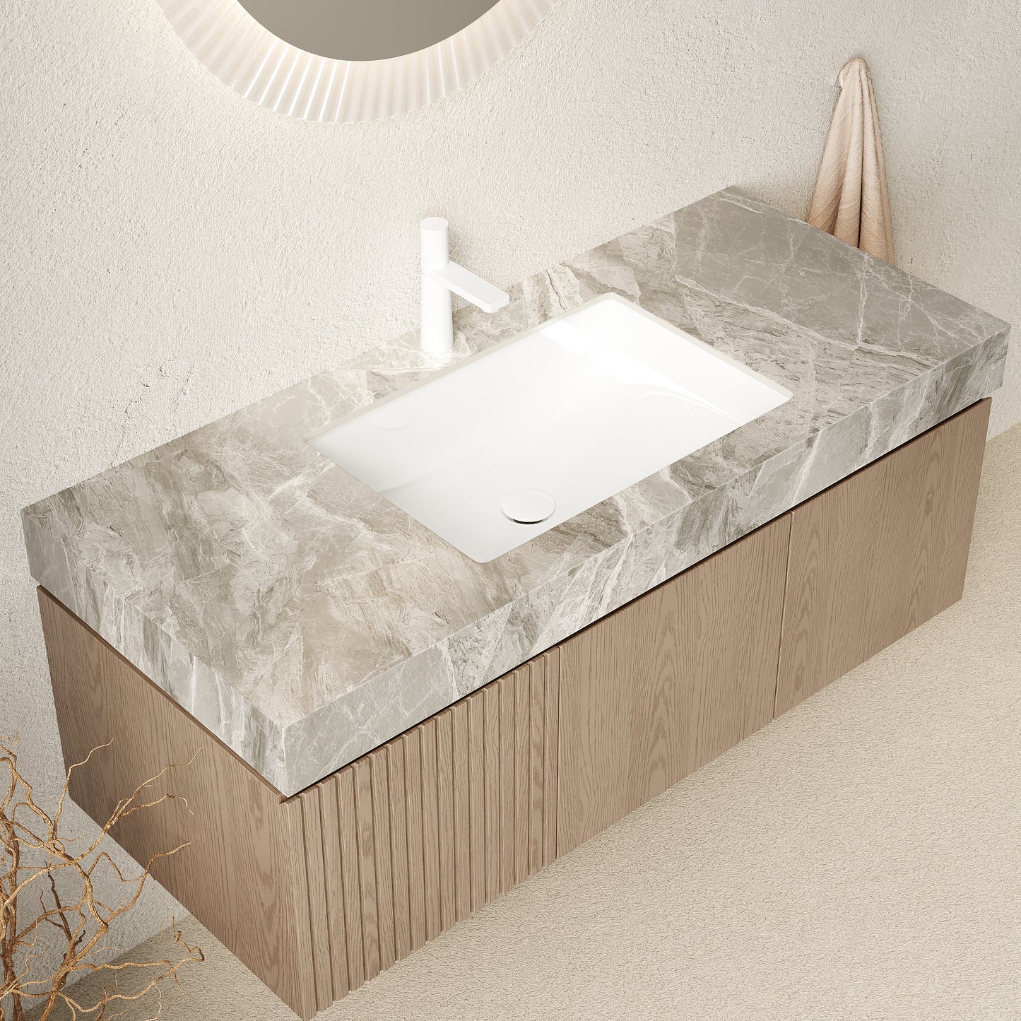 47.64 in. Single Sink Floating Light Brown Bath Vanity with Italy Light Gray Sintered Stone Top