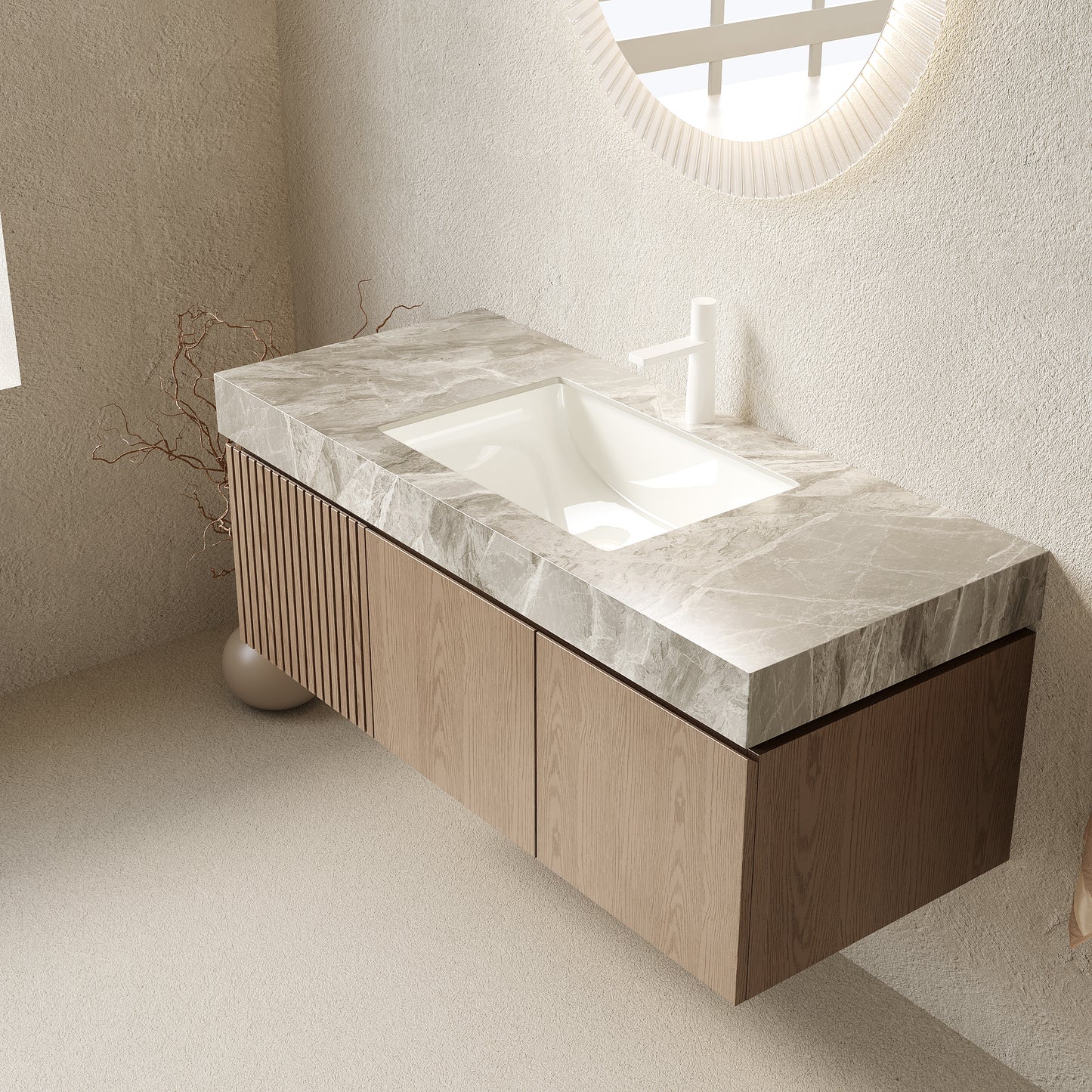 47.64 in. Single Sink Floating Light Brown Bath Vanity with Italy Light Gray Sintered Stone Top