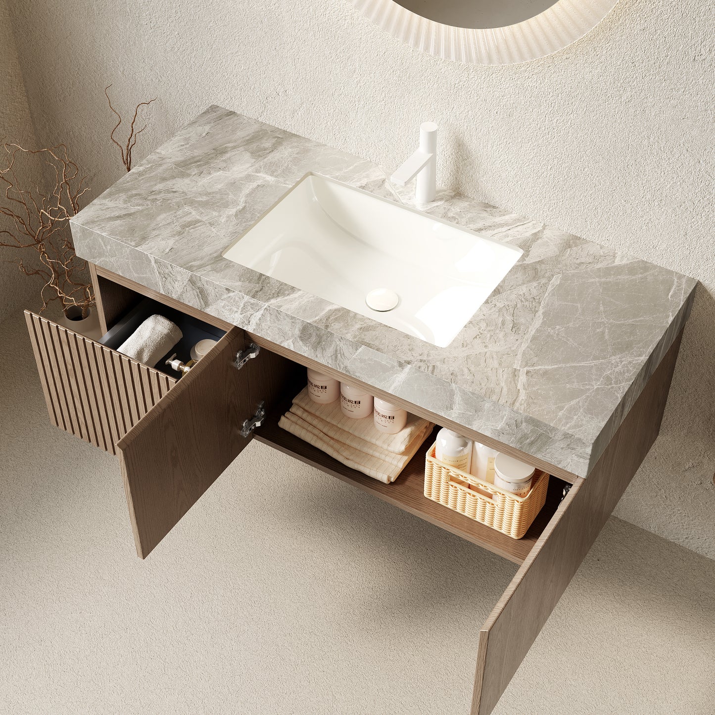 47.64 in. Single Sink Floating Light Brown Bath Vanity with Italy Light Gray Sintered Stone Top