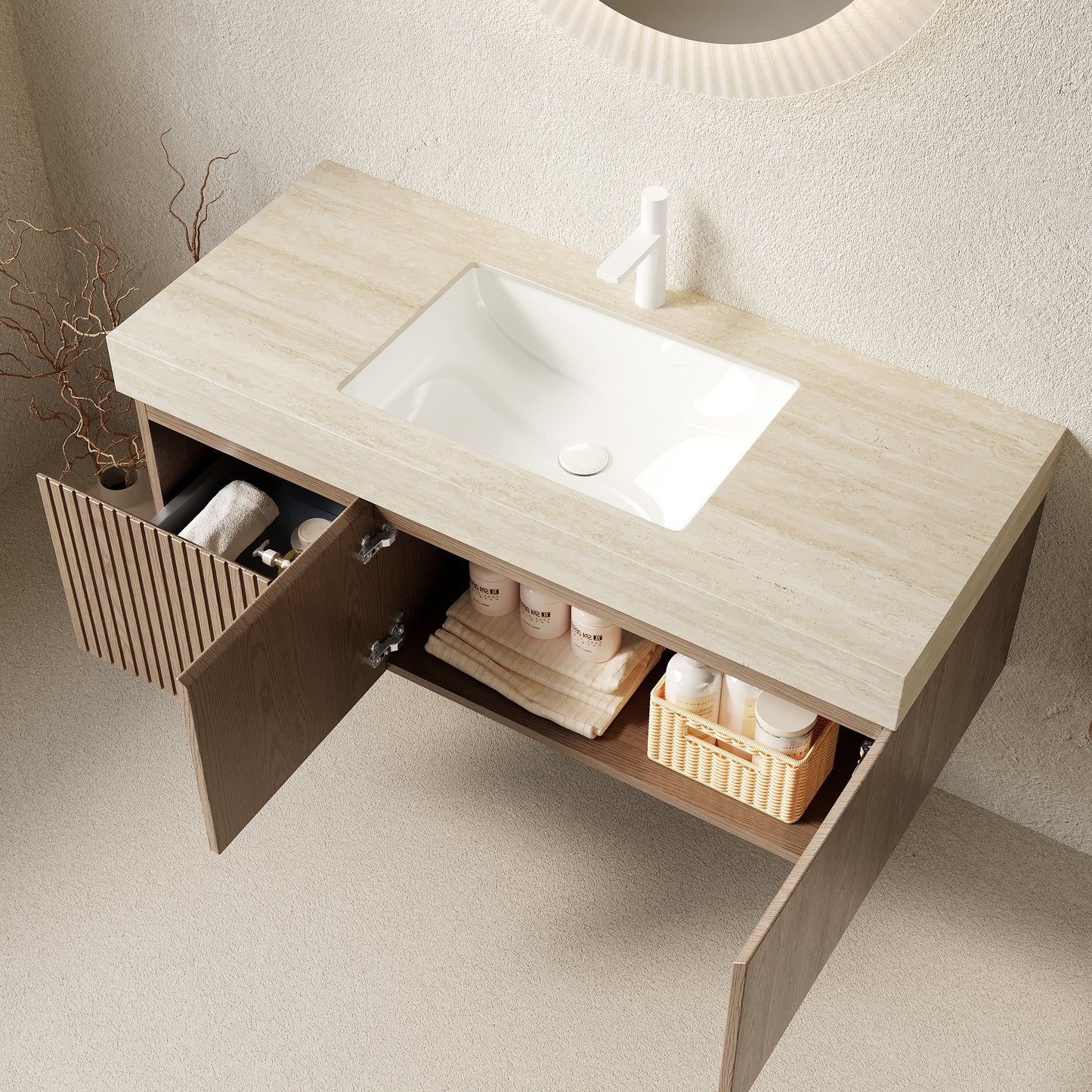 47.64 in. Single Sink Floating Light Brown Bath Vanity with Roma Travertine Sintered Stone Top