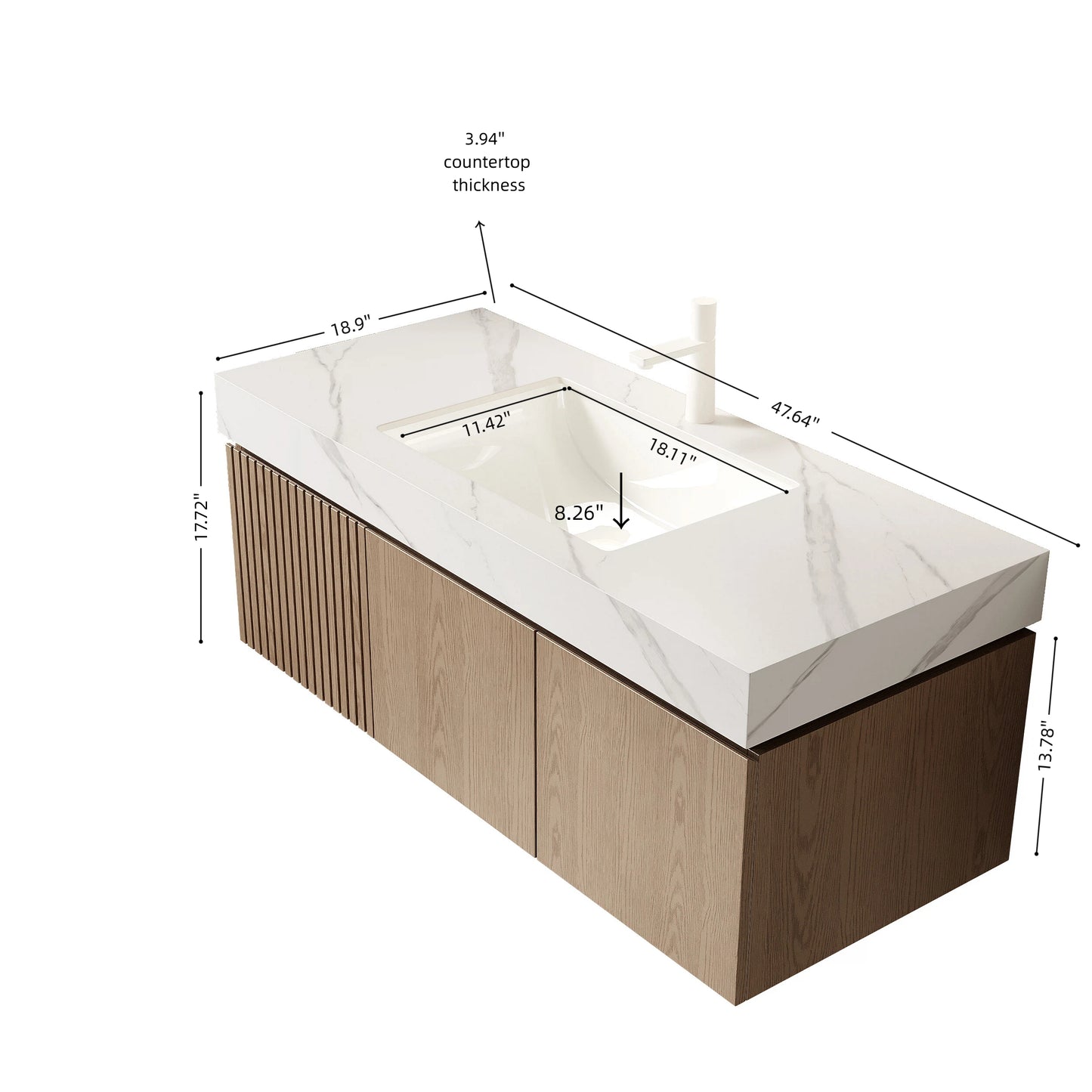 47.64 in. Single Sink Floating Light Brown Bath Vanity with Carrara White Sintered Stone Top