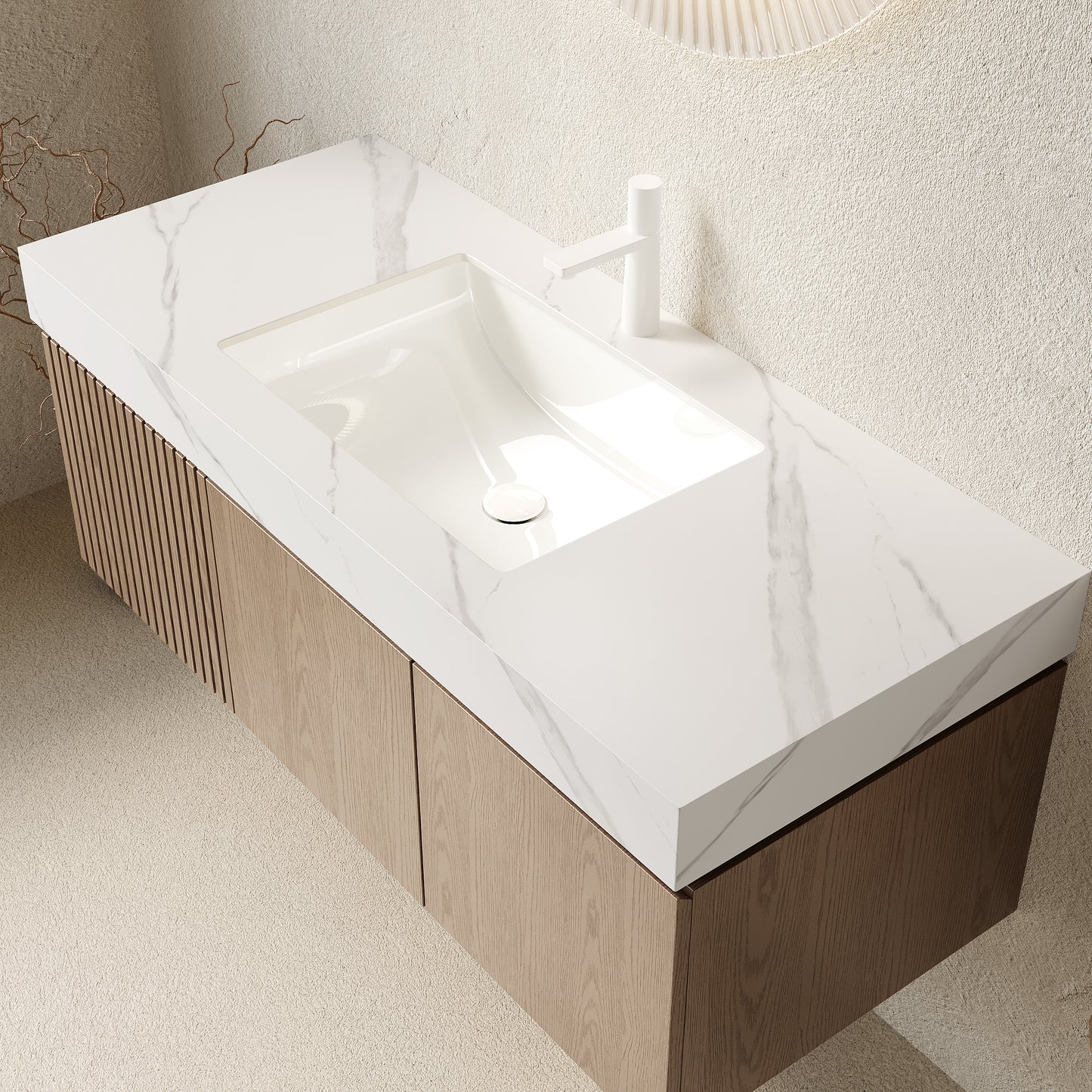 47.64 in. Single Sink Floating Light Brown Bath Vanity with Carrara White Sintered Stone Top