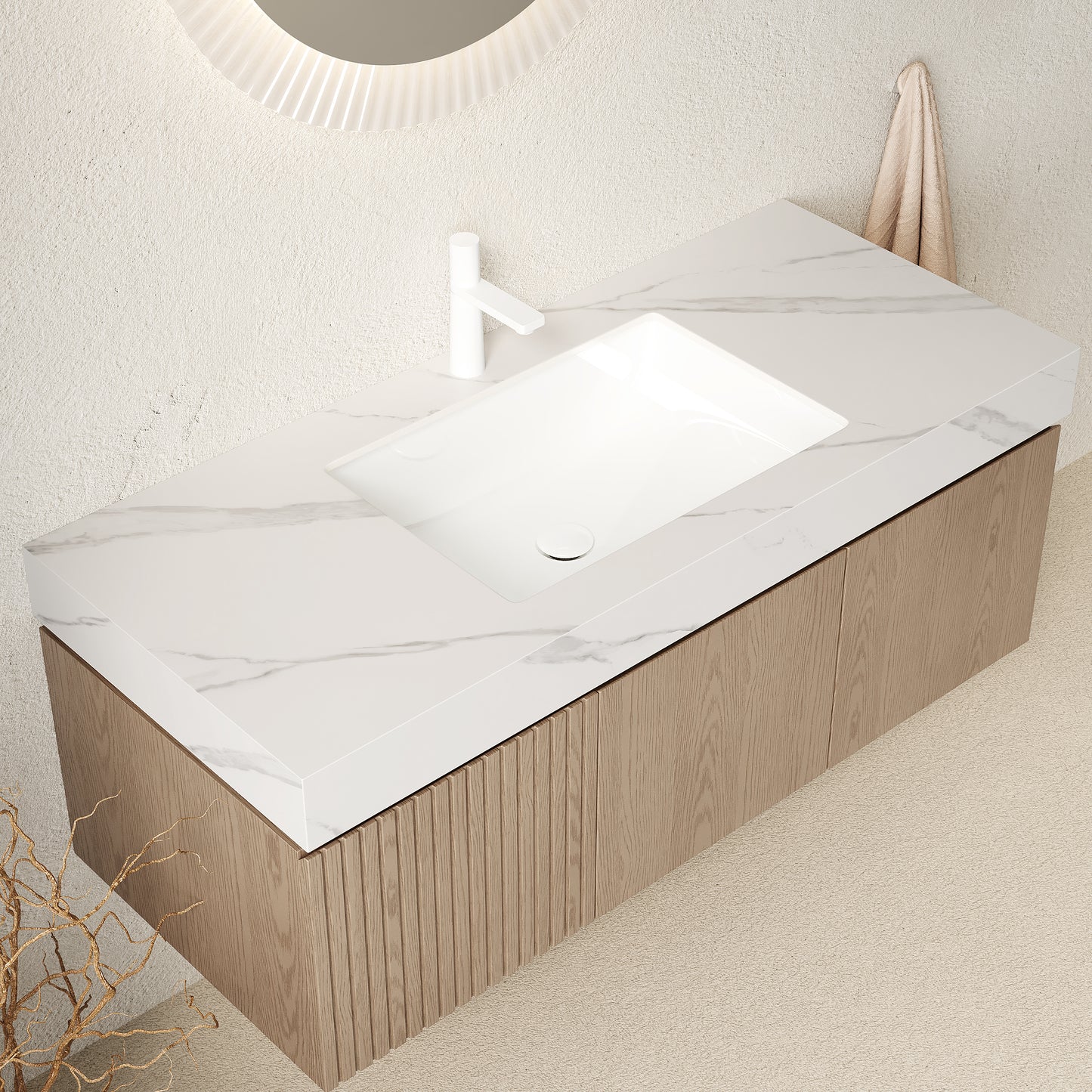 47.64 in. Single Sink Floating Light Brown Bath Vanity with Carrara White Sintered Stone Top