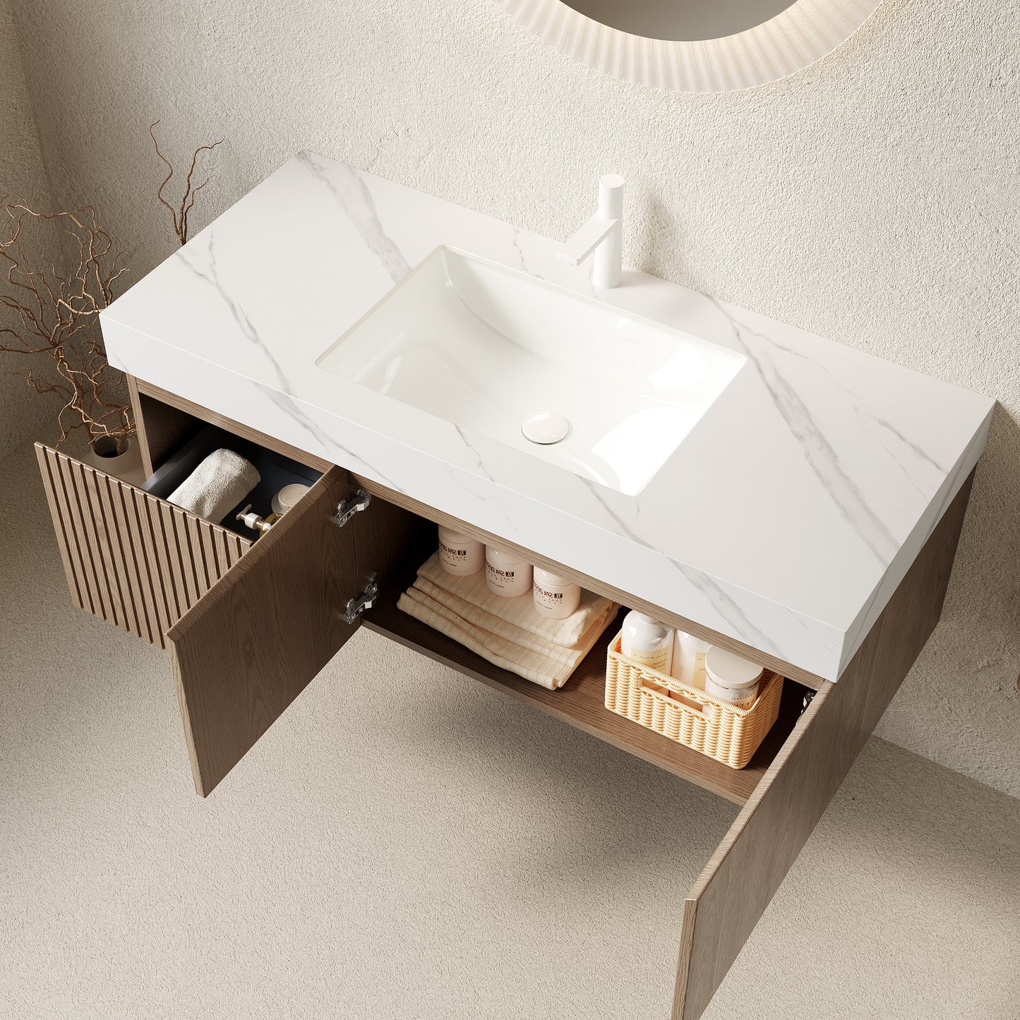 47.64 in. Single Sink Floating Light Brown Bath Vanity with Carrara White Sintered Stone Top