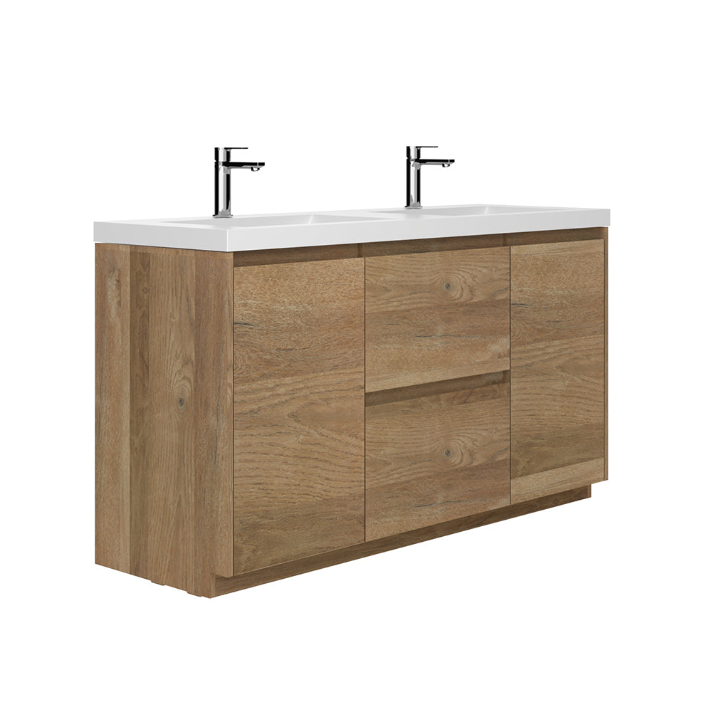 59.36 in. Double  Sink Freestanding Mature Oak Bath Vanity with White Integral Resin Basin