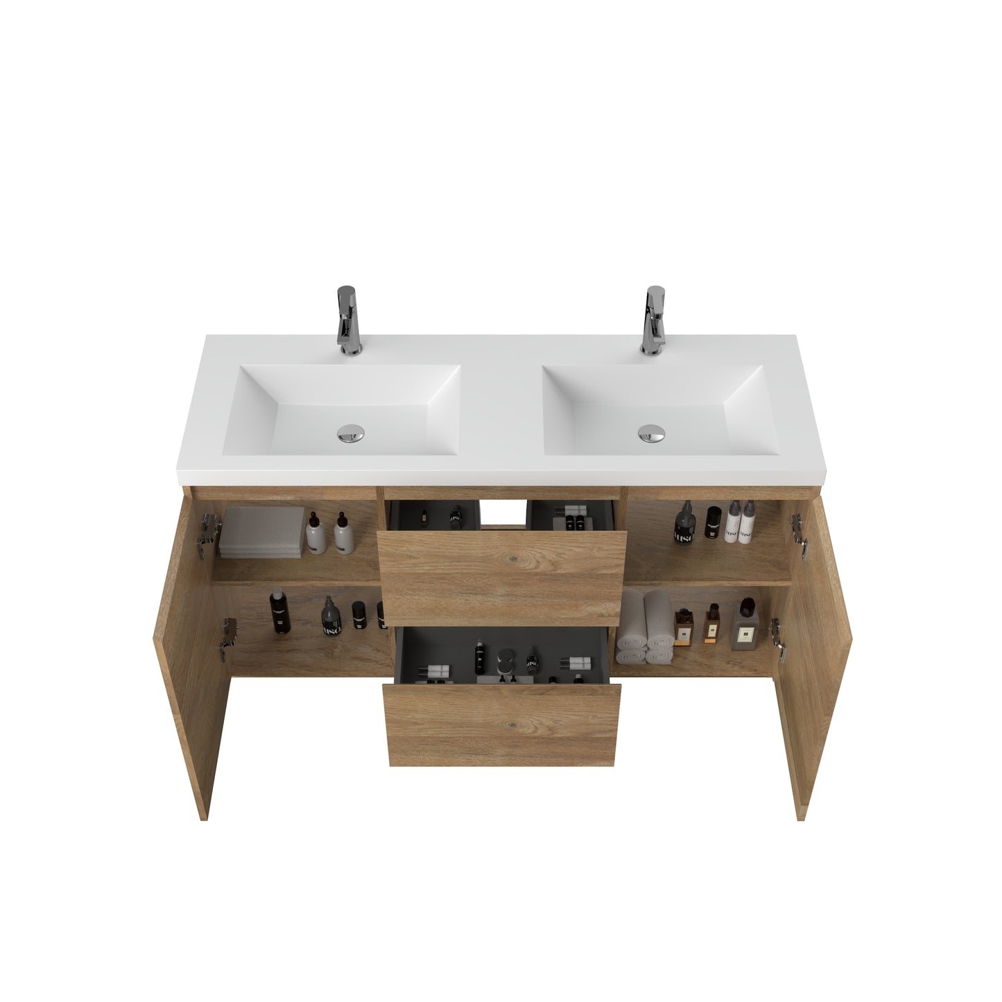 59.36 in. Double  Sink Freestanding Mature Oak Bath Vanity with White Integral Resin Basin
