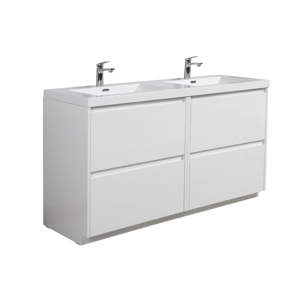 59.06 in. Double  Sink Freestanding High Glossy White Oak  Bath Vanity with White Integral Resin Basin