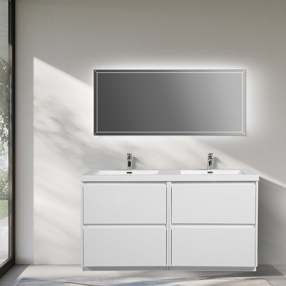 59.06 in. Double  Sink Freestanding High Glossy White Oak  Bath Vanity with White Integral Resin Basin
