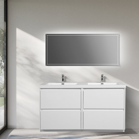 59.06 in. Double  Sink Freestanding High Glossy White Oak  Bath Vanity with White Integral Resin Basin