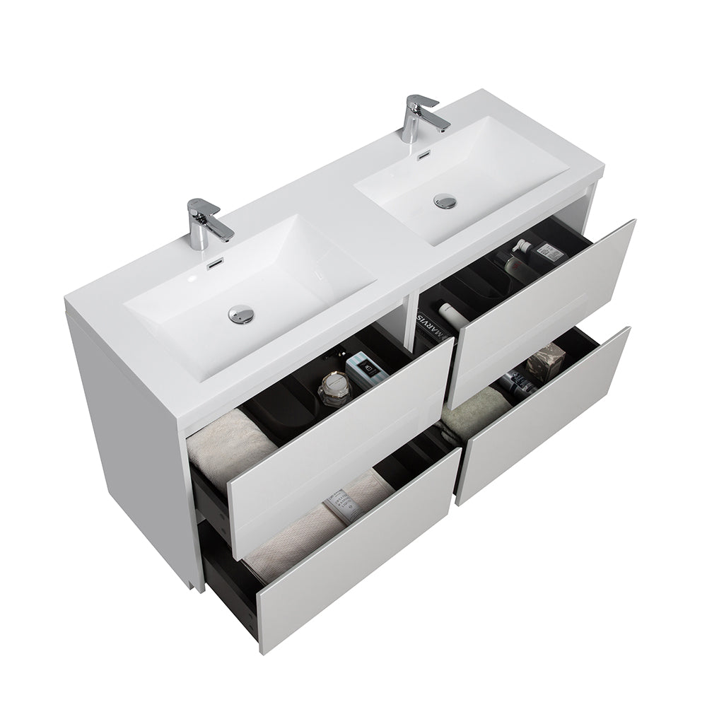 59.06 in. Double  Sink Freestanding High Glossy White Oak  Bath Vanity with White Integral Resin Basin