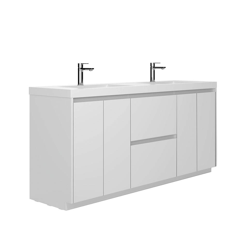 71.07 in. Double  Sink Freestanding High Glossy White Oak  Bath Vanity with White Integral Resin Basin