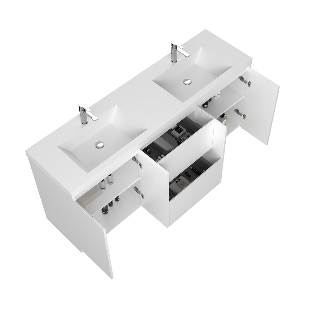 71.07 in. Double  Sink Freestanding High Glossy White Oak  Bath Vanity with White Integral Resin Basin