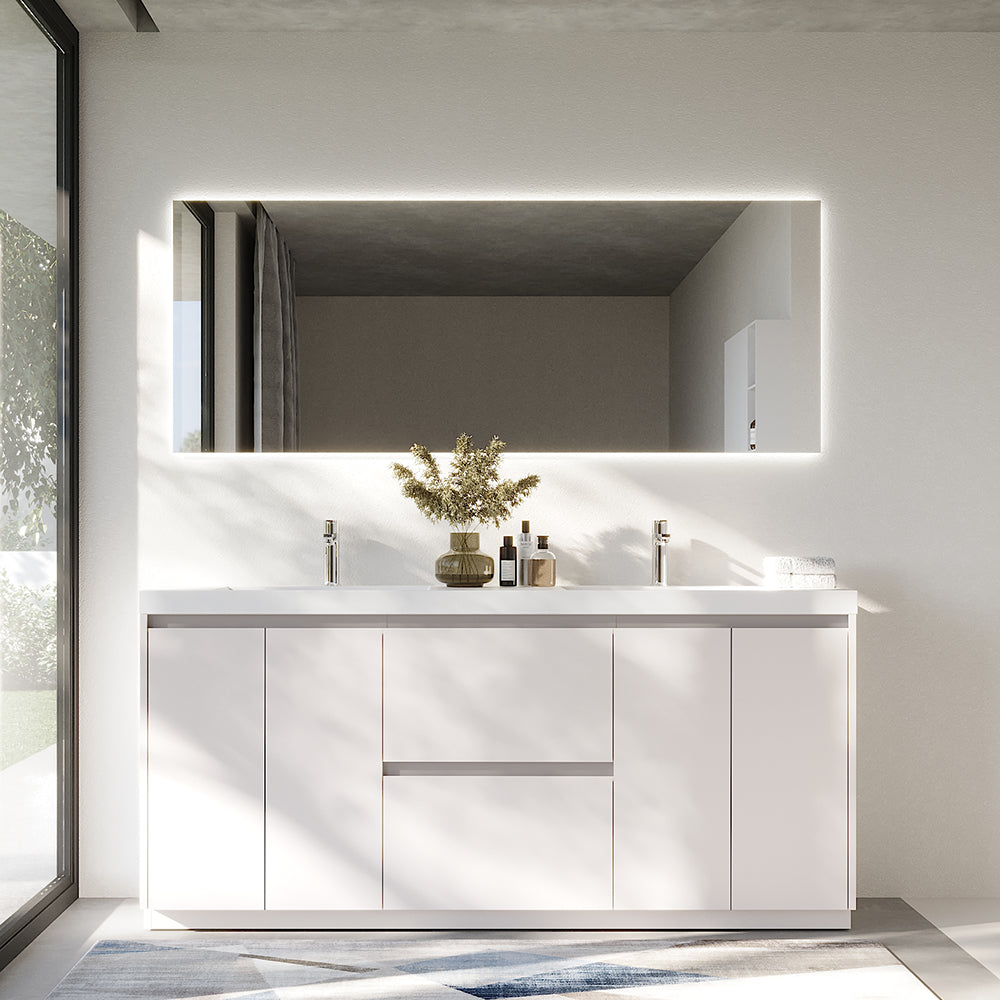 71.07 in. Double  Sink Freestanding High Glossy White Oak  Bath Vanity with White Integral Resin Basin