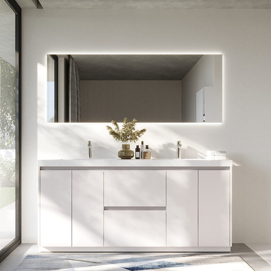 71.07 in. Double  Sink Freestanding High Glossy White Oak  Bath Vanity with White Integral Resin Basin