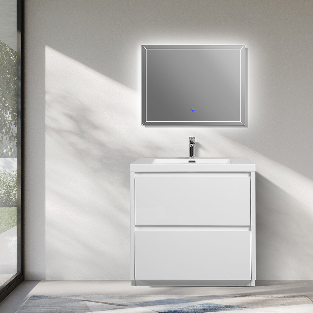 35.43 in. Single Sink Freestanding High Glossy White Bath Vanity with White Integral Resin Basin