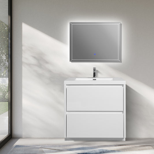 35.43 in. Single Sink Freestanding High Glossy White Bath Vanity with White Integral Resin Basin