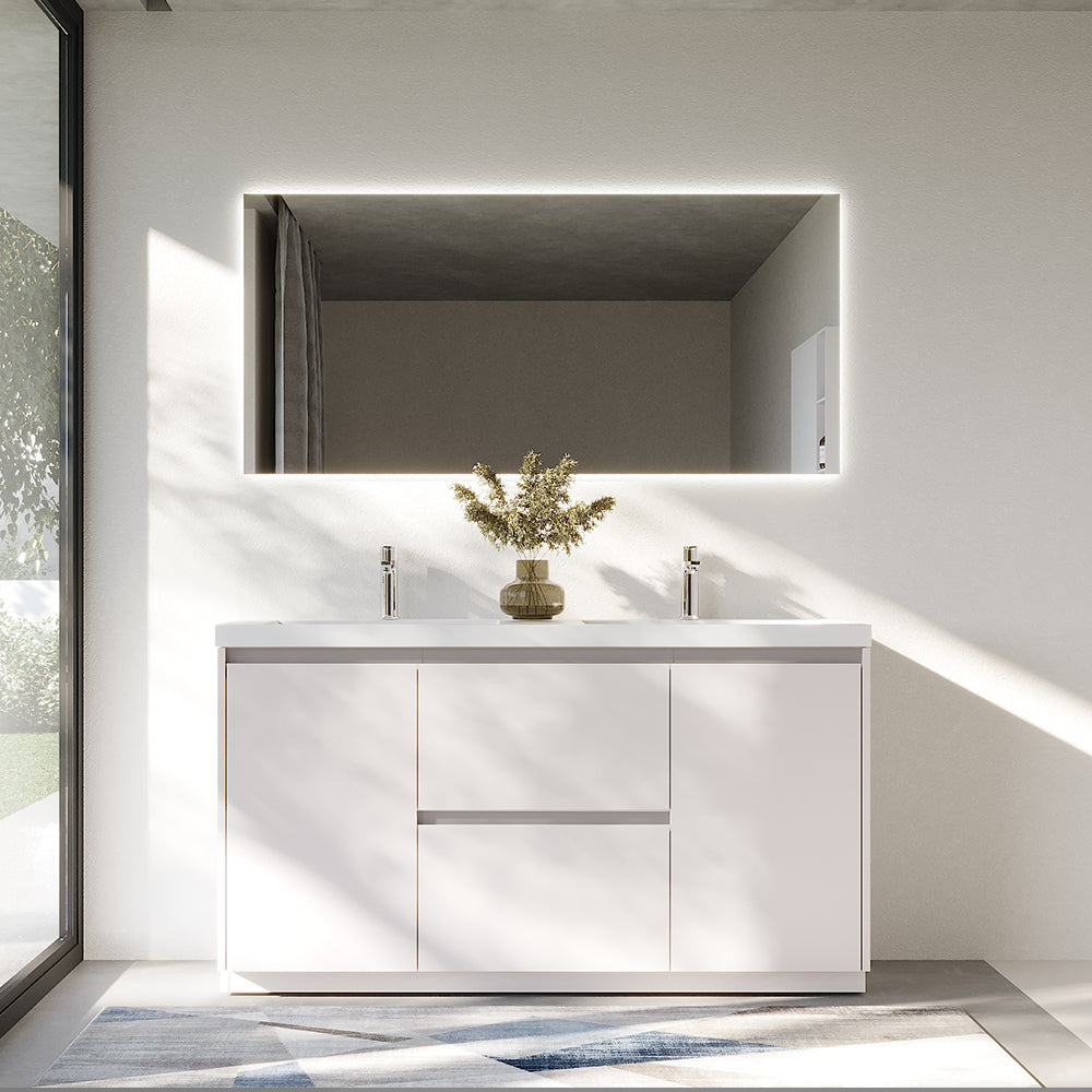 59.36 in. Double  Sink Freestanding High Glossy White Oak  Bath Vanity with White Integral Resin Basin