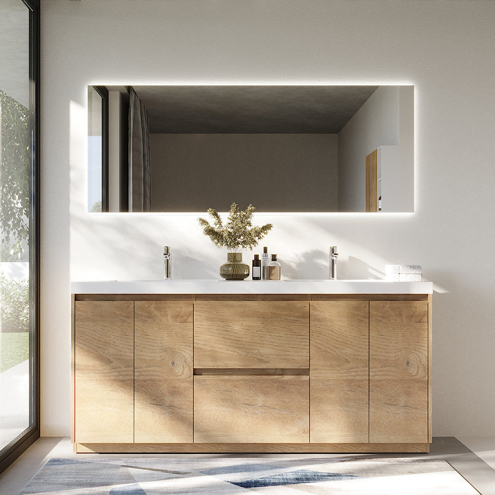 71.07 in. Double  Sink Freestanding Mature Oak Bath Vanity with White Integral Resin Basin