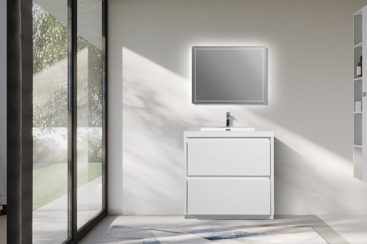 35.43 in. Single Sink Freestanding High Glossy White Bath Vanity with White Integral Resin Basin