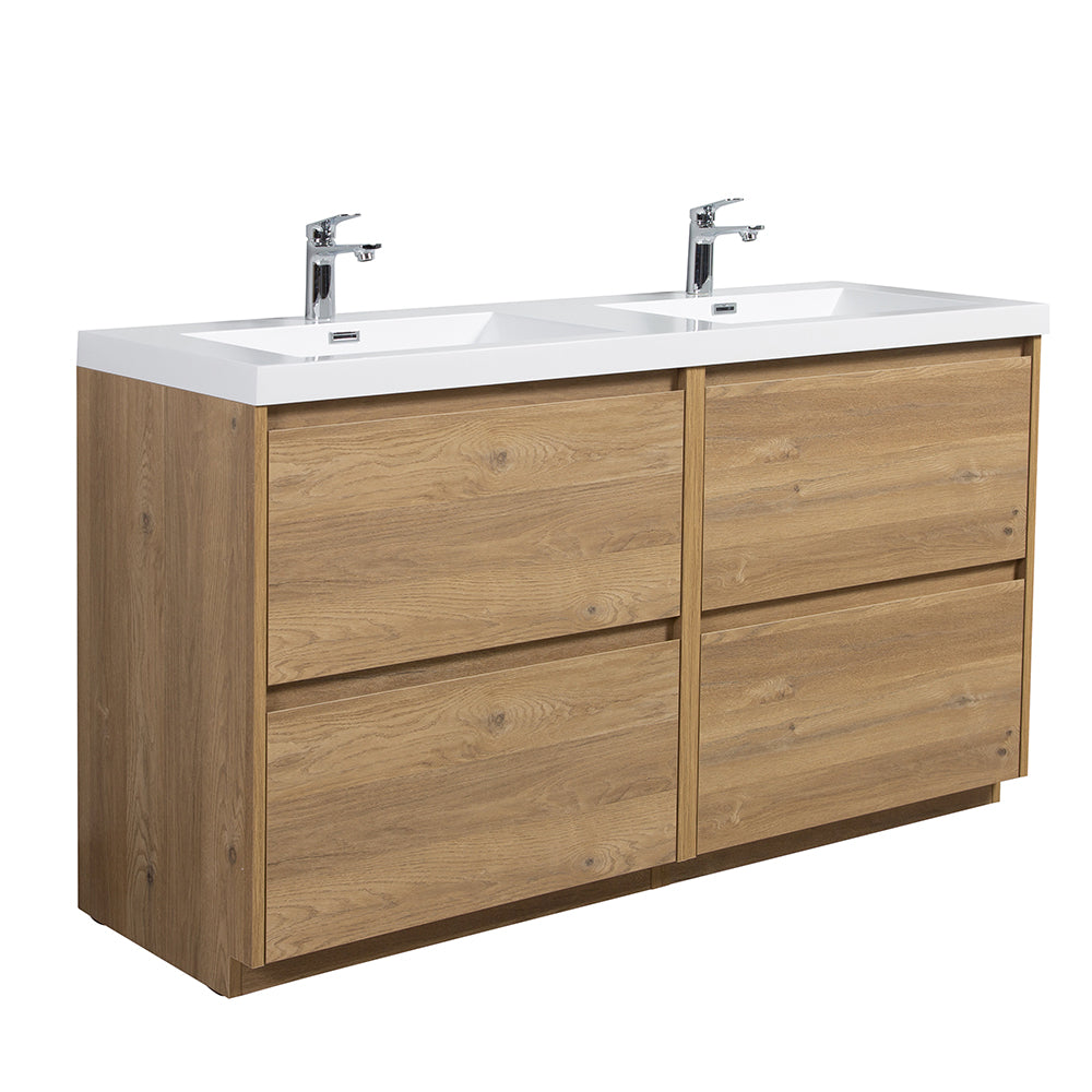 59.06 in. Double  Sink Freestanding Mature Oak Bath Vanity with White Integral Resin Basin