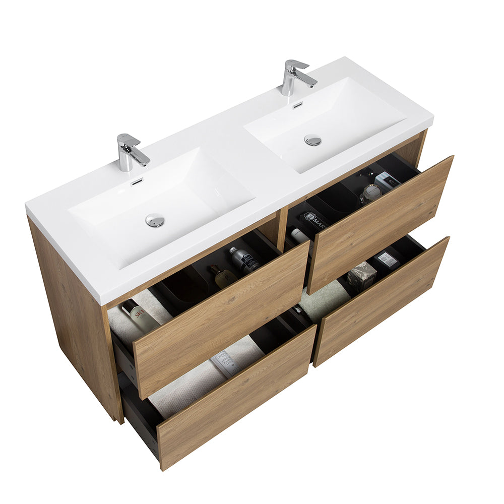 59.06 in. Double  Sink Freestanding Mature Oak Bath Vanity with White Integral Resin Basin
