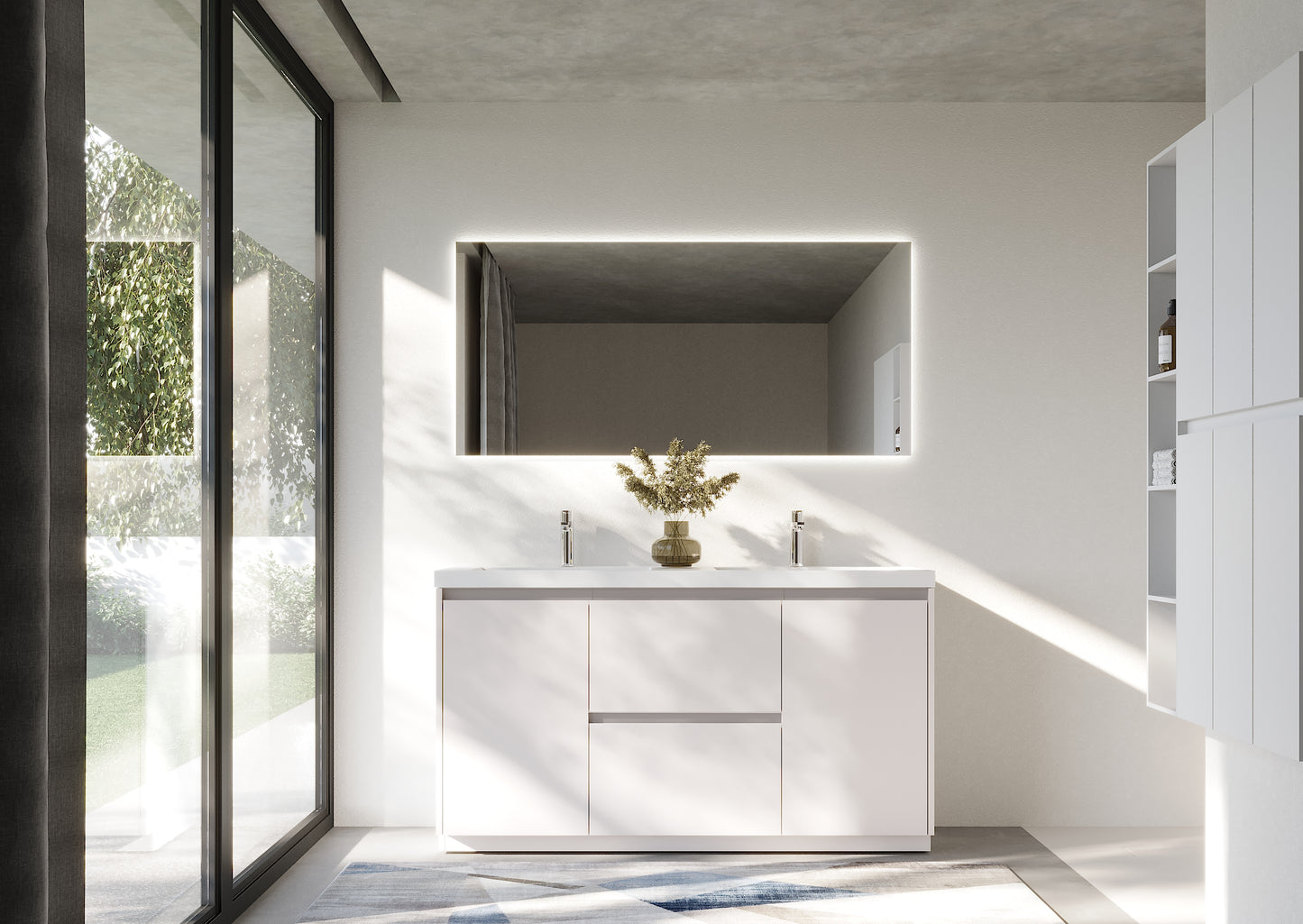 59.36 in. Double  Sink Freestanding High Glossy White Oak  Bath Vanity with White Integral Resin Basin