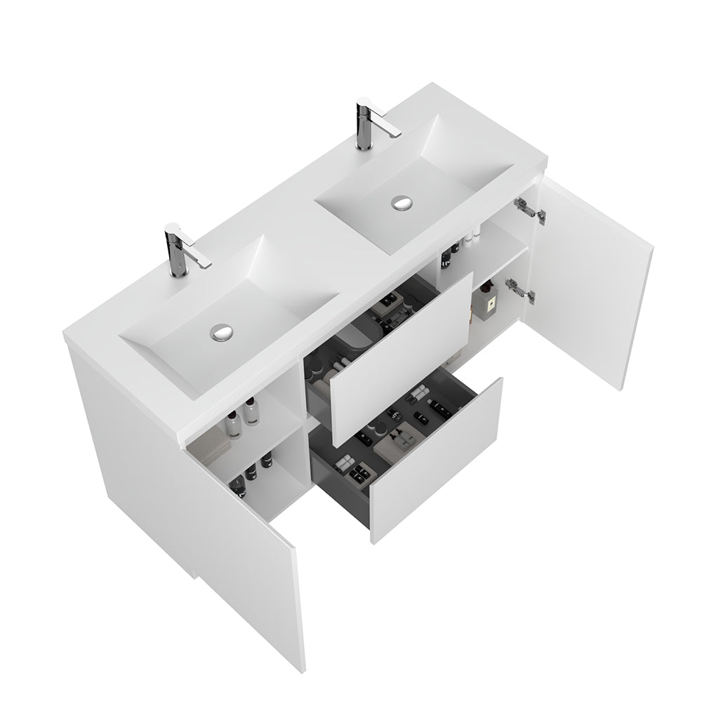59.36 in. Double  Sink Freestanding High Glossy White Oak  Bath Vanity with White Integral Resin Basin