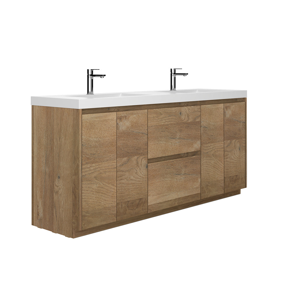 71.07 in. Double  Sink Freestanding Mature Oak Bath Vanity with White Integral Resin Basin