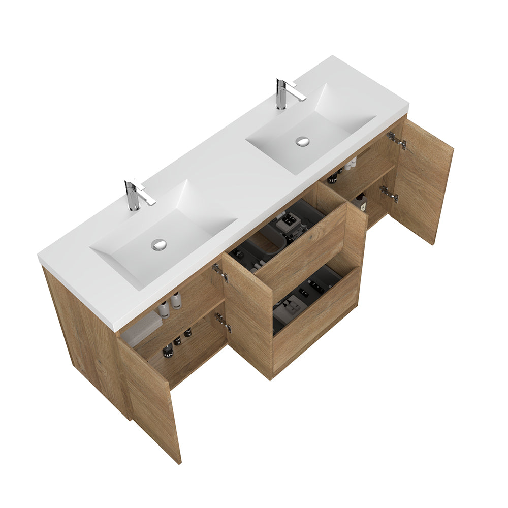 71.07 in. Double  Sink Freestanding Mature Oak Bath Vanity with White Integral Resin Basin