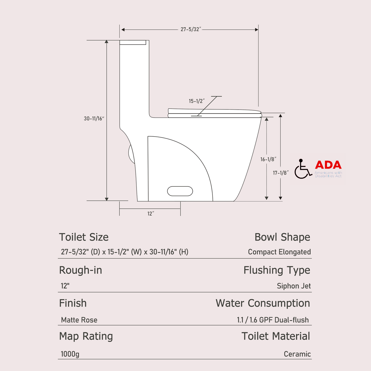 Rose Pink One Piece Dual Flush Toilet 1.1/1.6 GPF Water Saving Elongated Comfort Height Soft Close Seat 1000 MAP Flush Score
