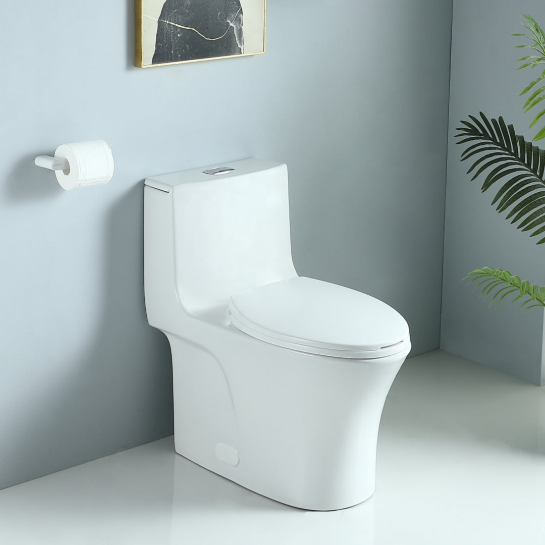 Glossy White One Piece Dual Flush Toilet 1.1/1.6 GPF Water Saving Elongated Comfort Height Soft Close Seat 1000 MAP Flush Score