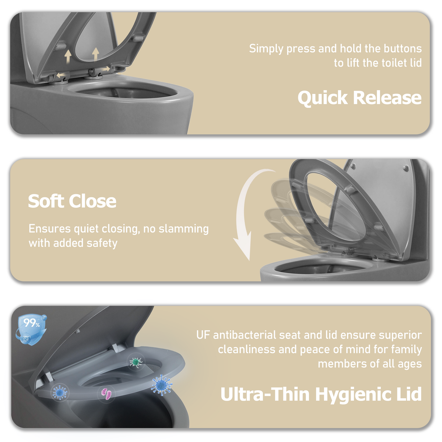 Gray One Piece Dual Flush Toilet 1.1/1.6 GPF Water Saving Elongated Comfort Height Soft Close Seat 1000 MAP Flush Score
