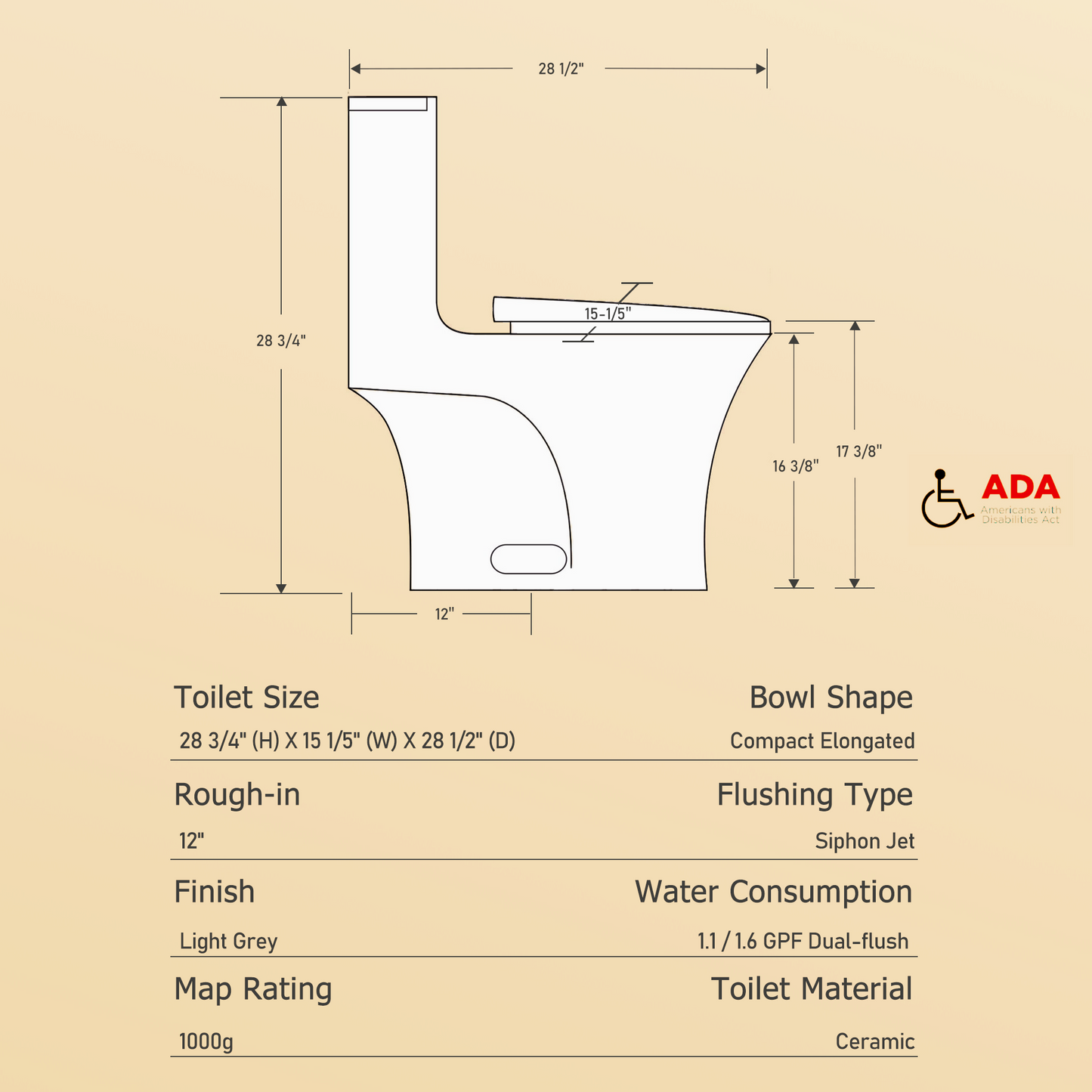 Light Gray One Piece Dual Flush Toilet 1.1/1.6 GPF Water Saving Elongated Comfort Height Soft Close Seat 1000 MAP Flush Score