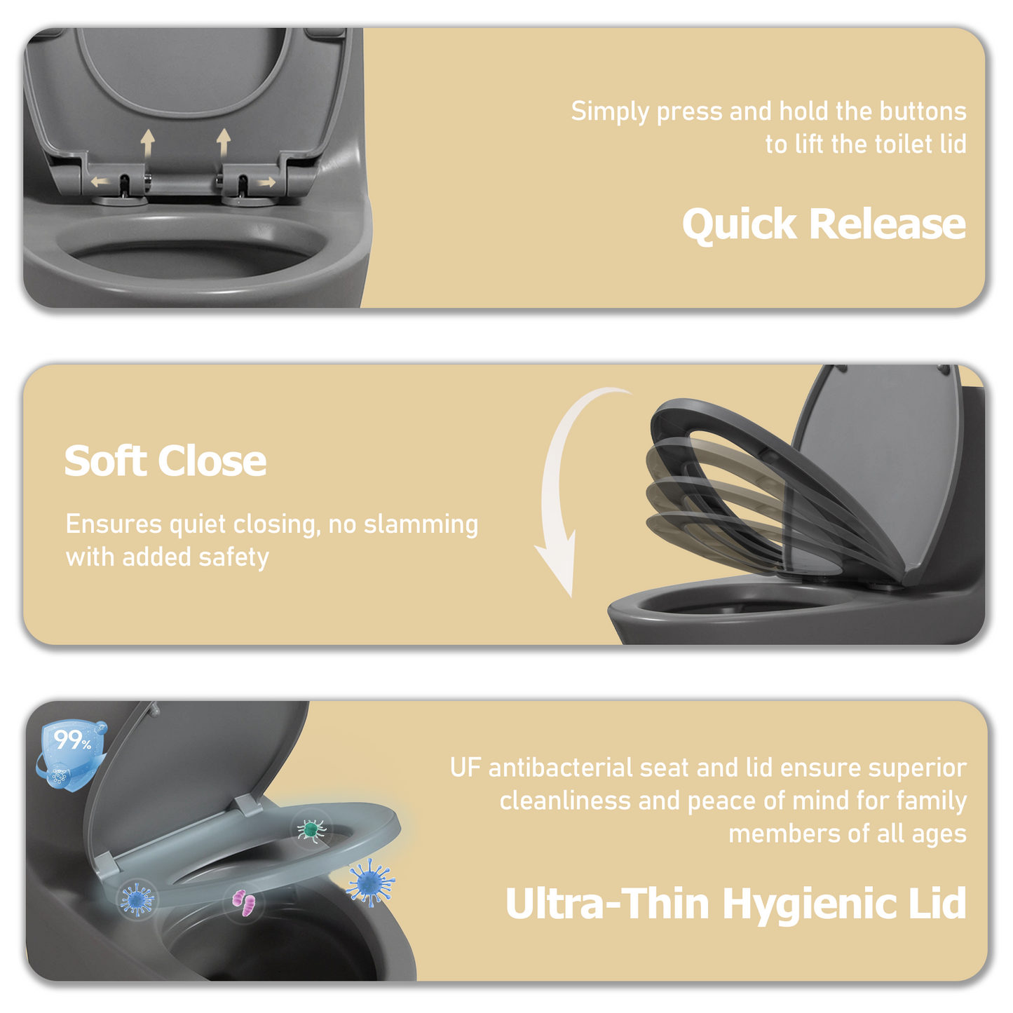 Light Gray One Piece Dual Flush Toilet 1.1/1.6 GPF Water Saving Elongated Comfort Height Soft Close Seat 1000 MAP Flush Score