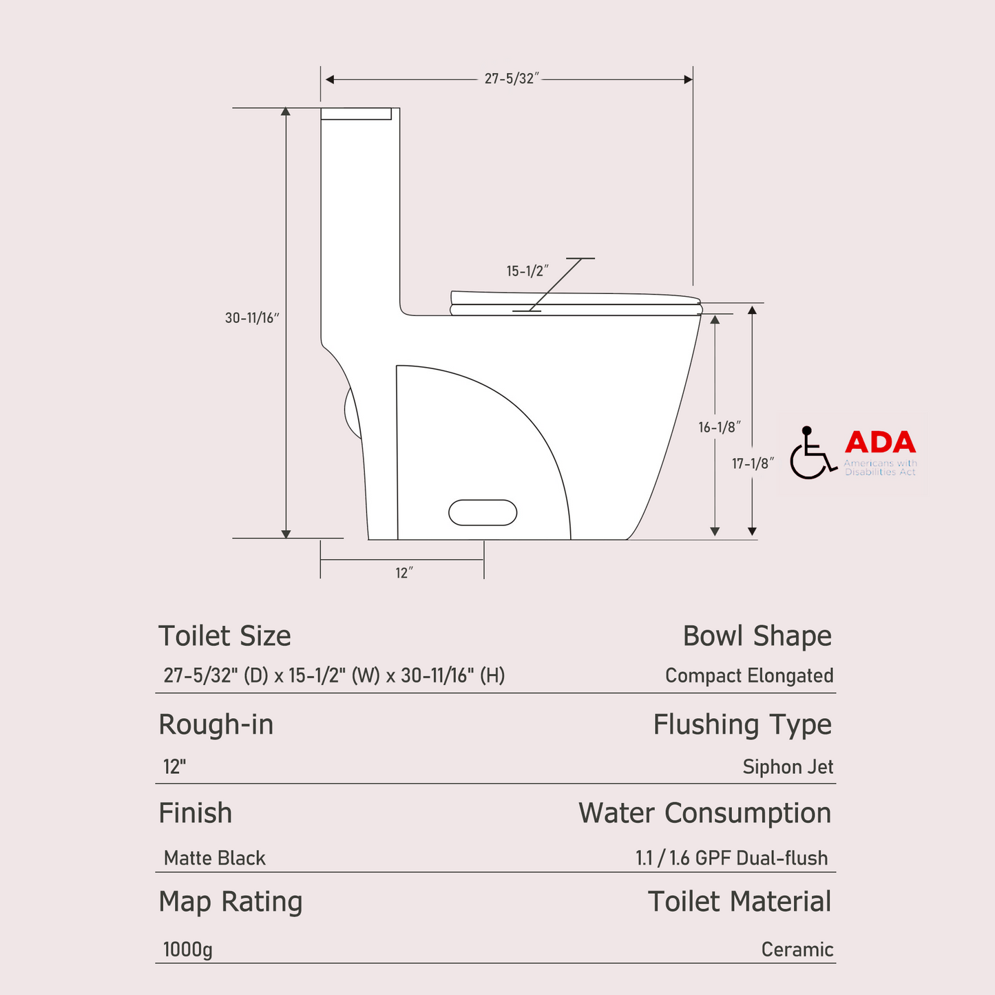 Black  One Piece Dual Flush Toilet 1.1/1.6 GPF Water Saving Elongated Comfort Height Soft Close Seat 1000 MAP Flush Score