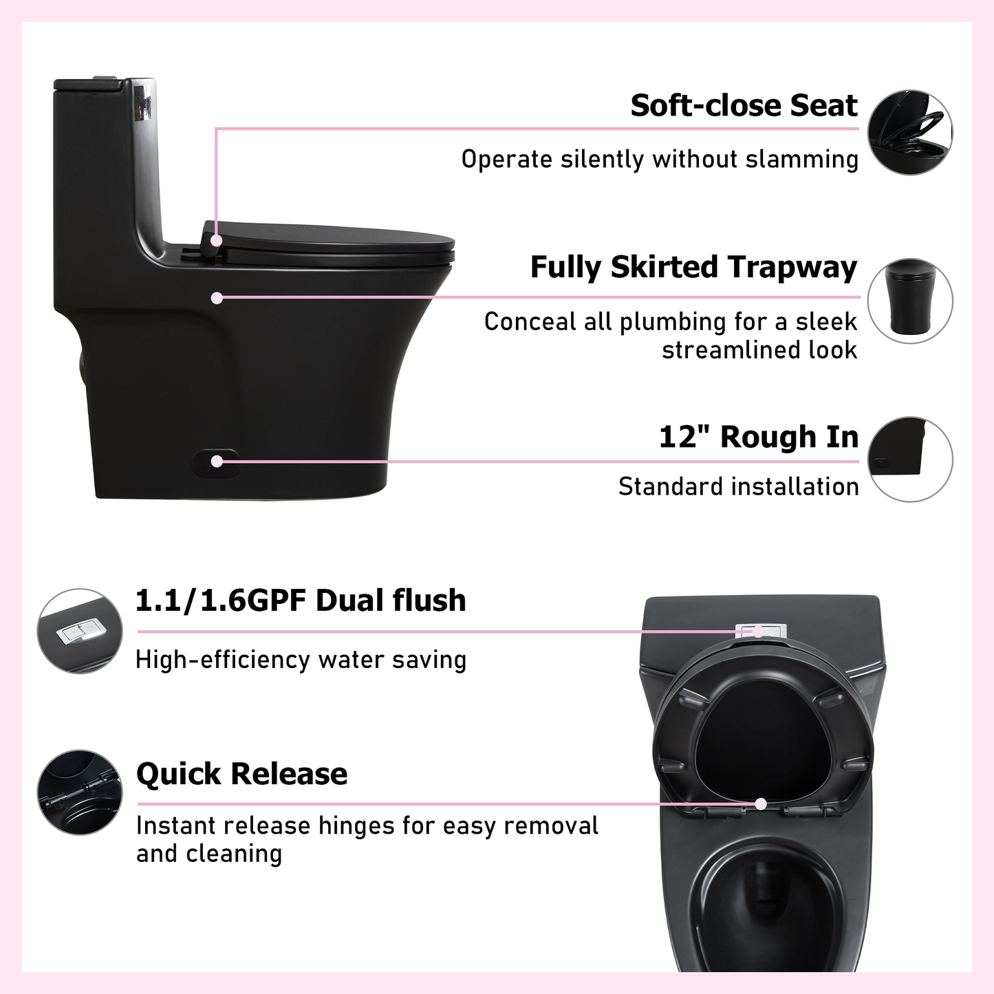 Black  One Piece Dual Flush Toilet 1.1/1.6 GPF Water Saving Elongated Comfort Height Soft Close Seat 1000 MAP Flush Score