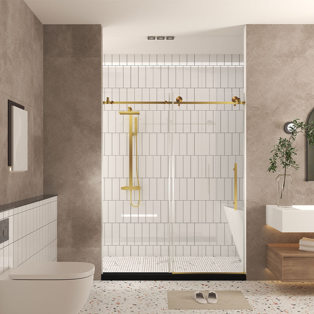 Brushed Gold 56-in to 60-in W x 76-in H Frameless Clear Glass Bypass Sliding Shower door