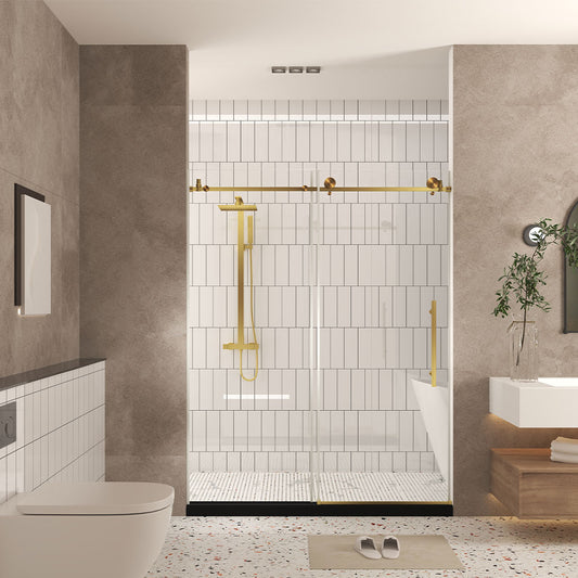Brushed Gold 56-in to 60-in W x 76-in H Frameless Clear Glass Bypass Sliding Shower door